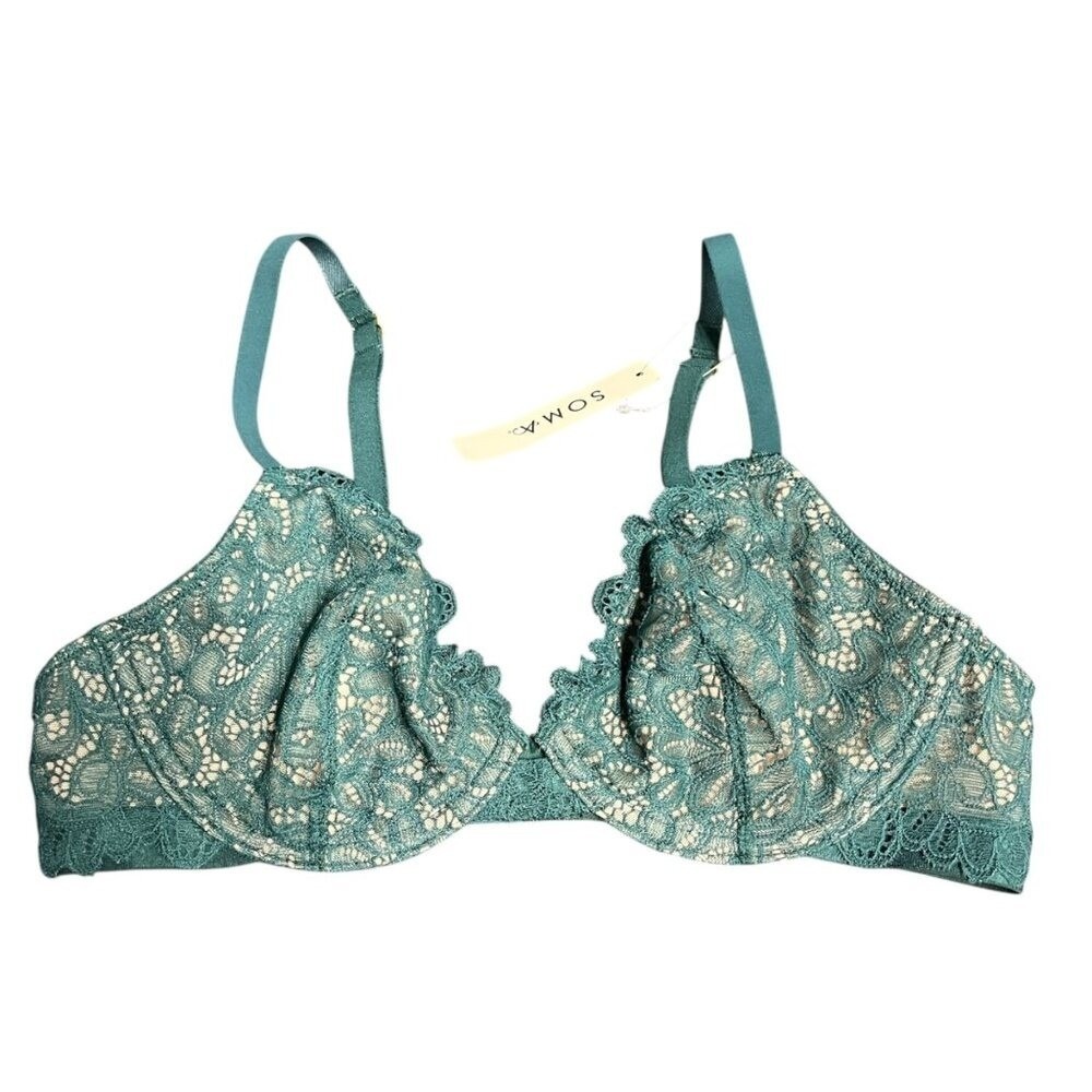 Soma Unlined Lace Plunge Bra Forest Green 34B Boho Elegant Scalloped Granolagirl
